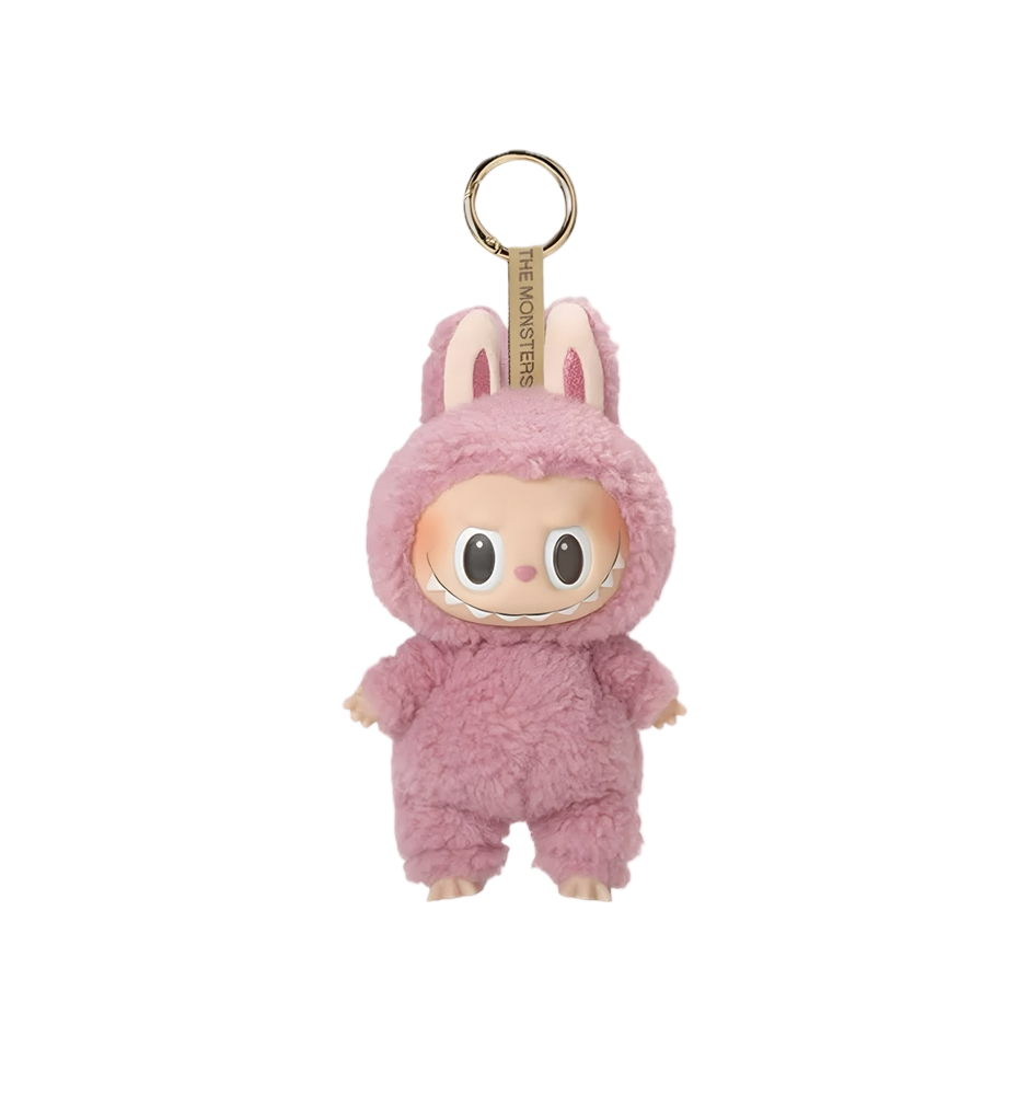 Pink plush keychain with a character design on a white background