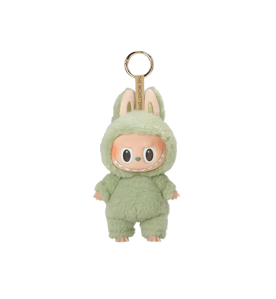 Plush keychain in a green bunny costume on a white background