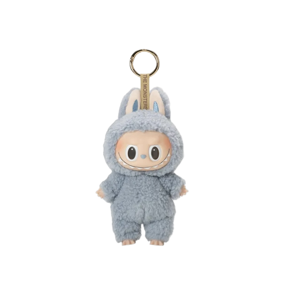 Plush keychain in a gray bunny costume on a white background
