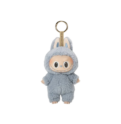 Plush keychain in a gray bunny costume on a white background