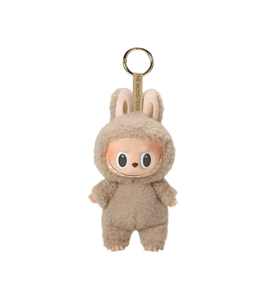 Plush keychain in a bunny costume on a white background