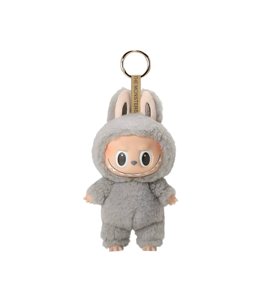 Plush keychain of a character in a gray outfit on a white background