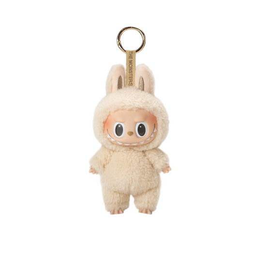 Plush keychain in a bunny costume with a visible brand tag on a white background