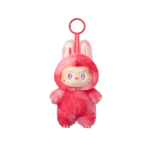 Plush toy with a pink bunny costume on a white background